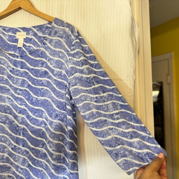 Chico’s Asymmetrical Tunic Blue White Wavy Print Size 3 XL Travel Coastal - Picture 6 of 10